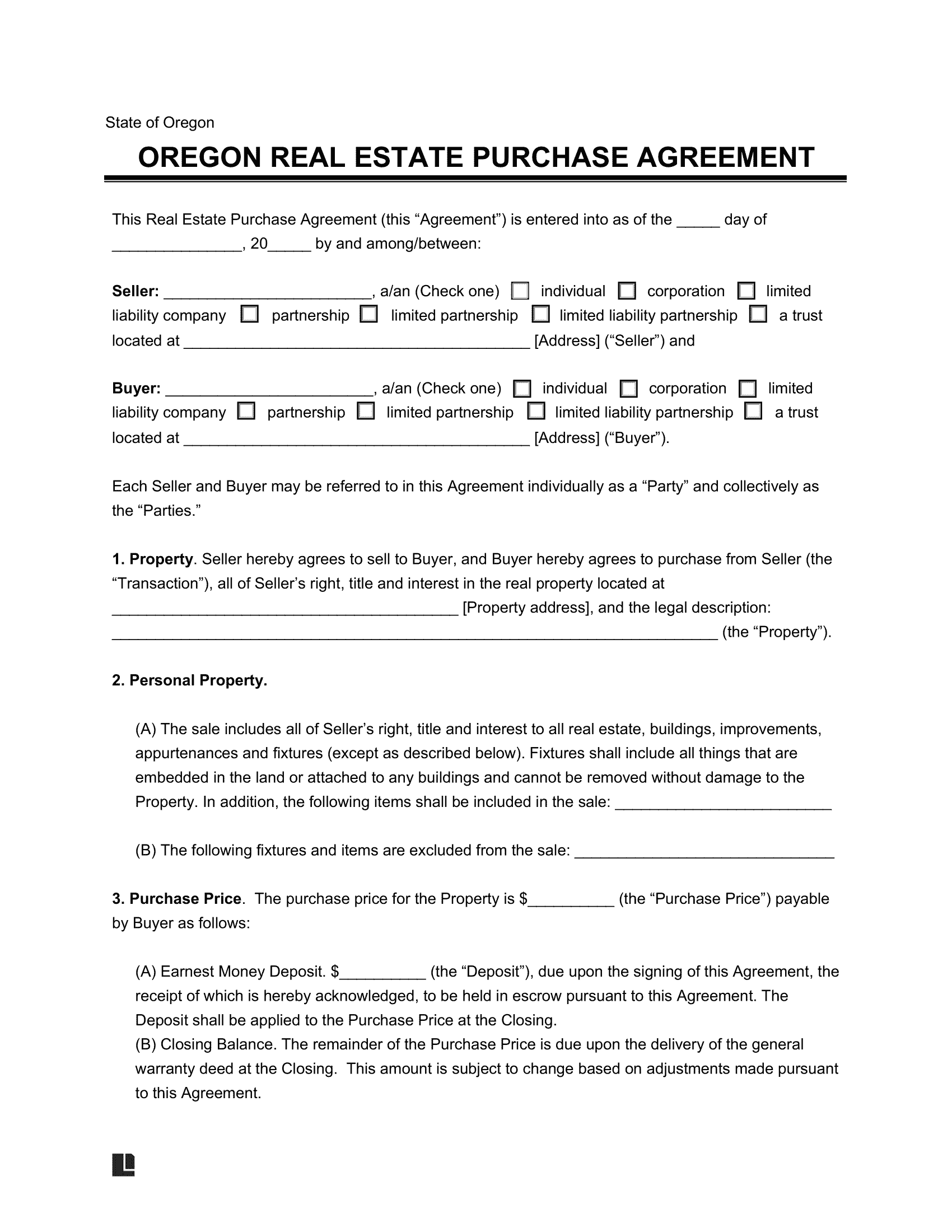 Oregon Residential Purchase Agreement Template