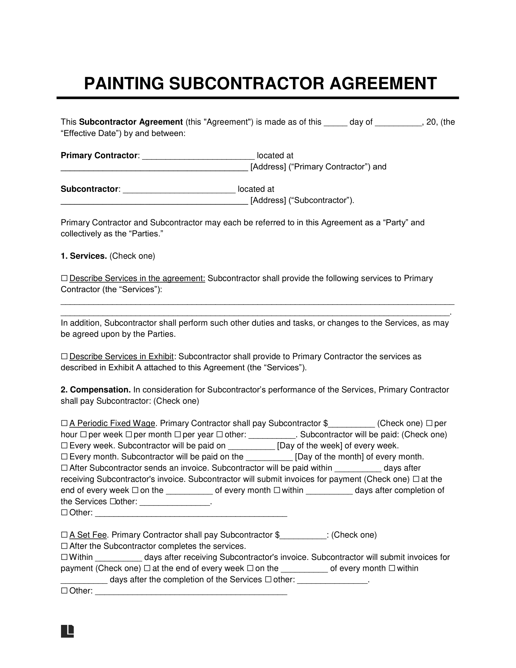 Painting Subcontractor Agreement Template