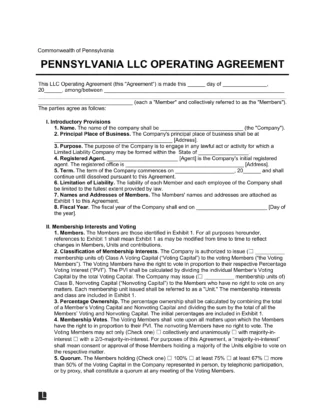 Pennsylvania LLC Operating Agreement Template