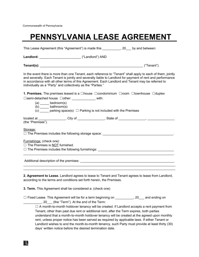 Pennsylvania Lease Agreement Template
