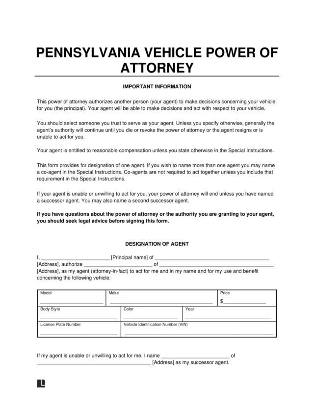 Pennsylvania Motor Vehicle Power of Attorney Form
