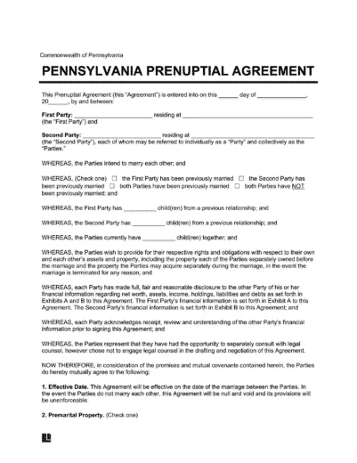 Pennsylvania Prenuptial Agreement Template