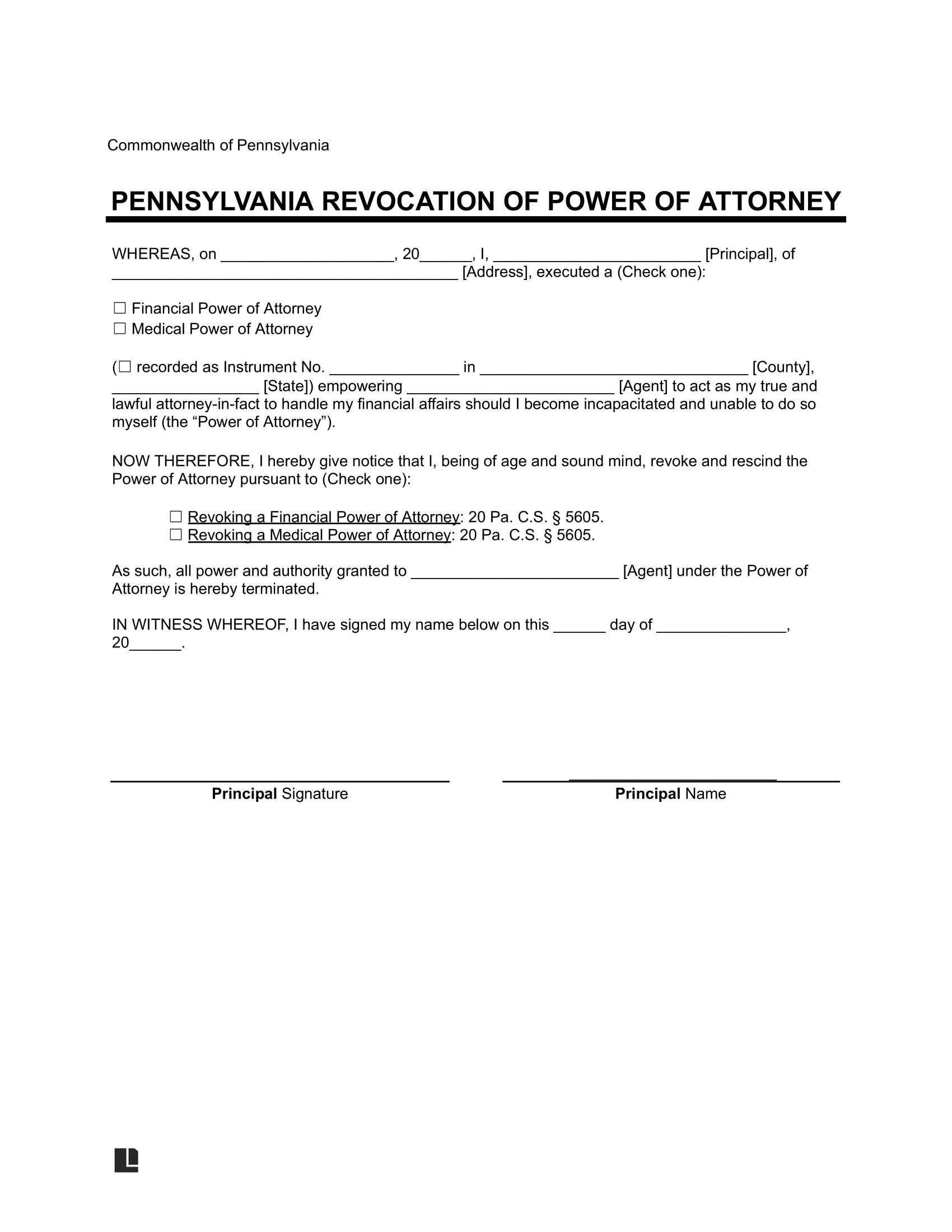 Pennsylvania Revocation of Power of Attorney Form