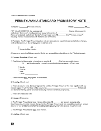 Pennsylvania Standard Promissory Note Template