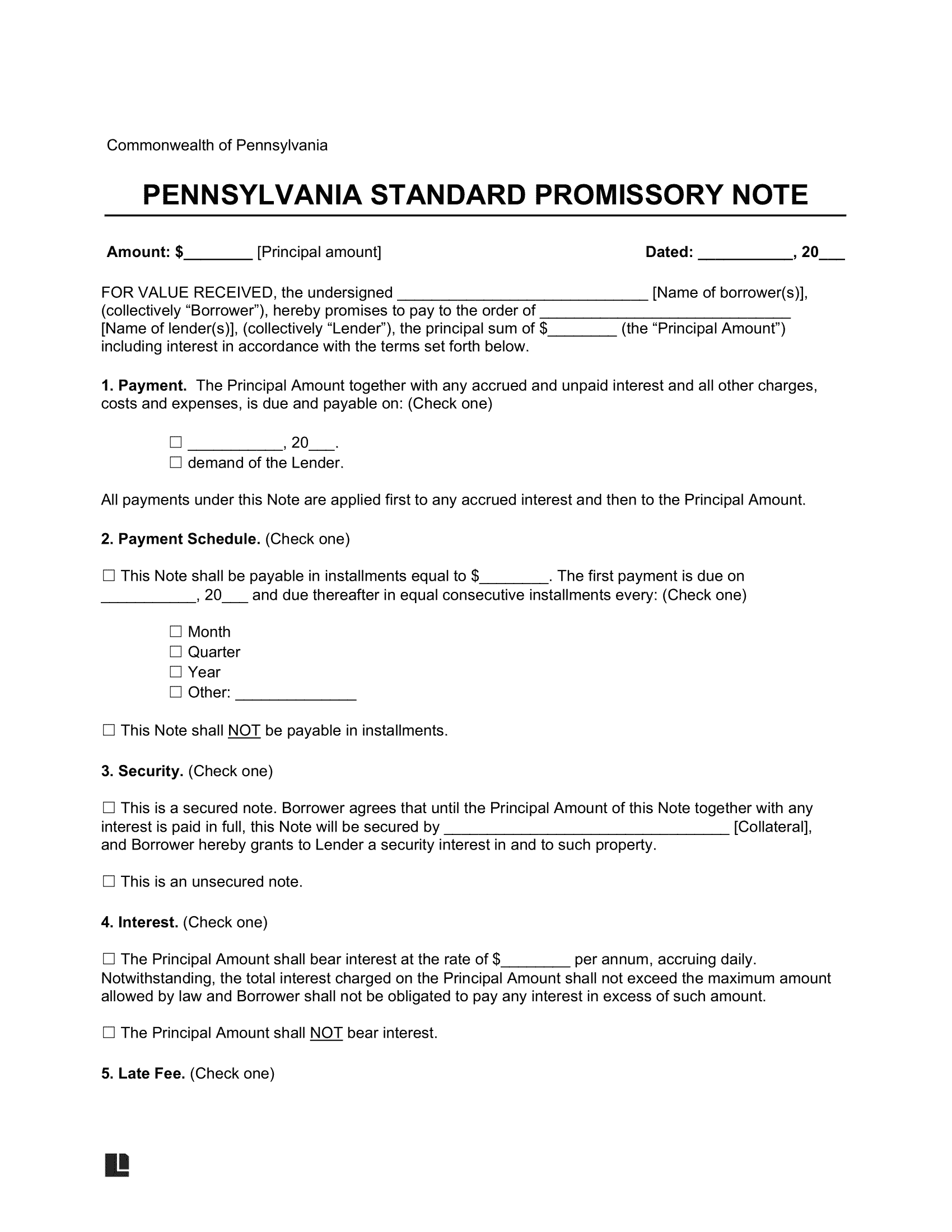 Pennsylvania Standard Promissory Note Template