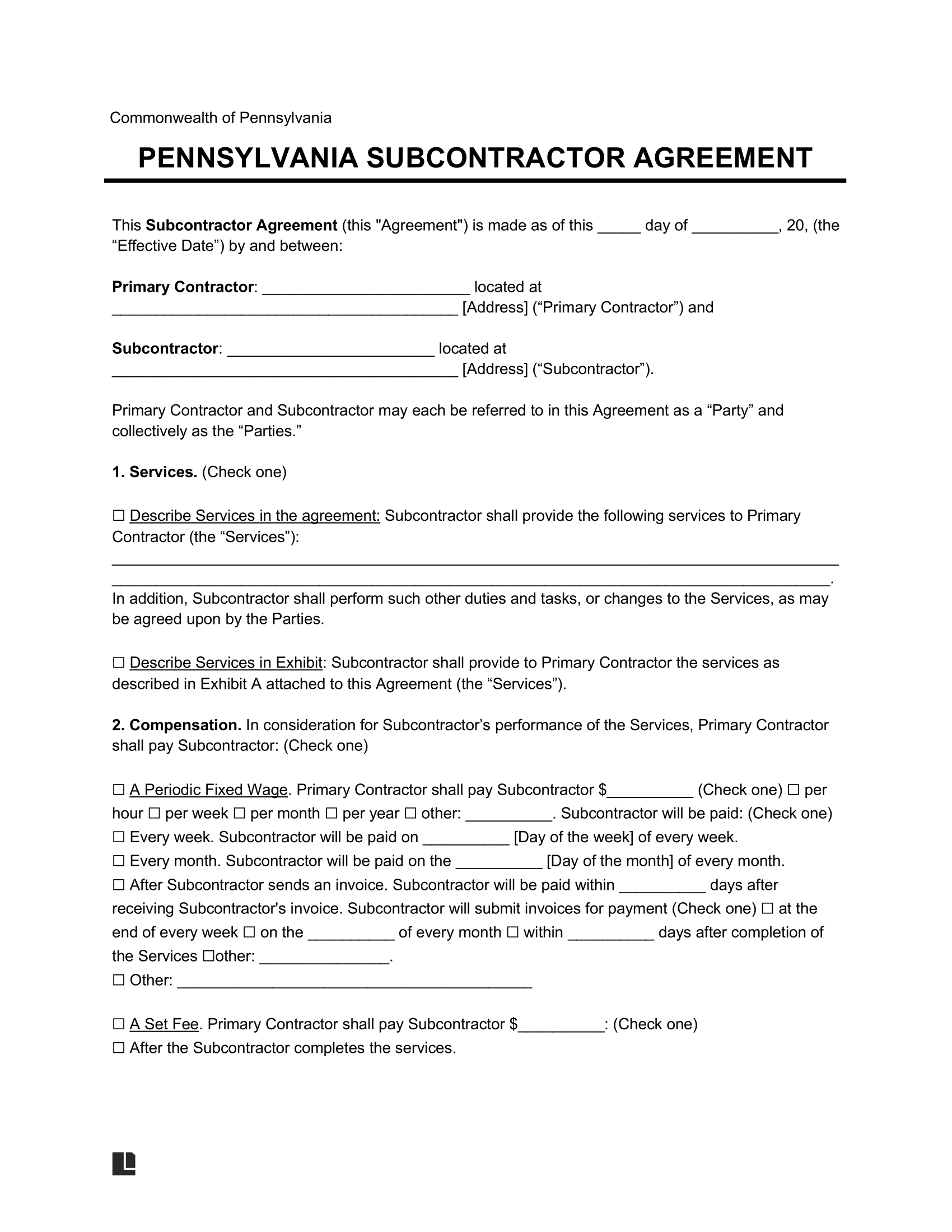 Pennsylvania Subcontractor Agreement Template