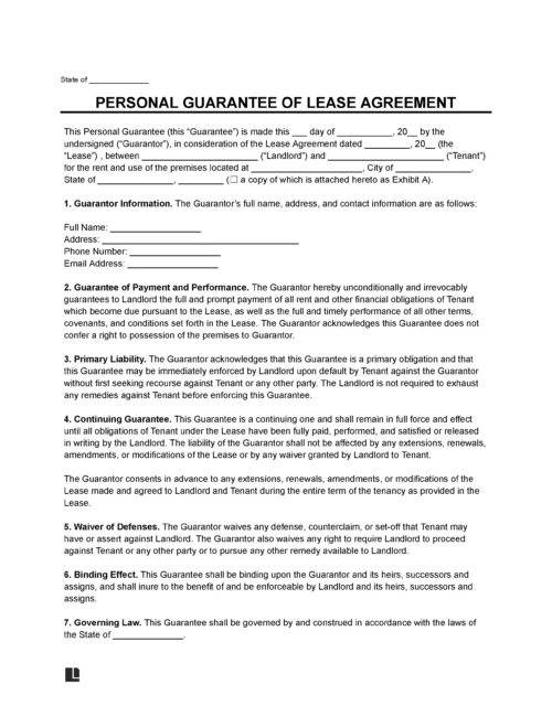 Personal Guarantee for Lease Agreement Template