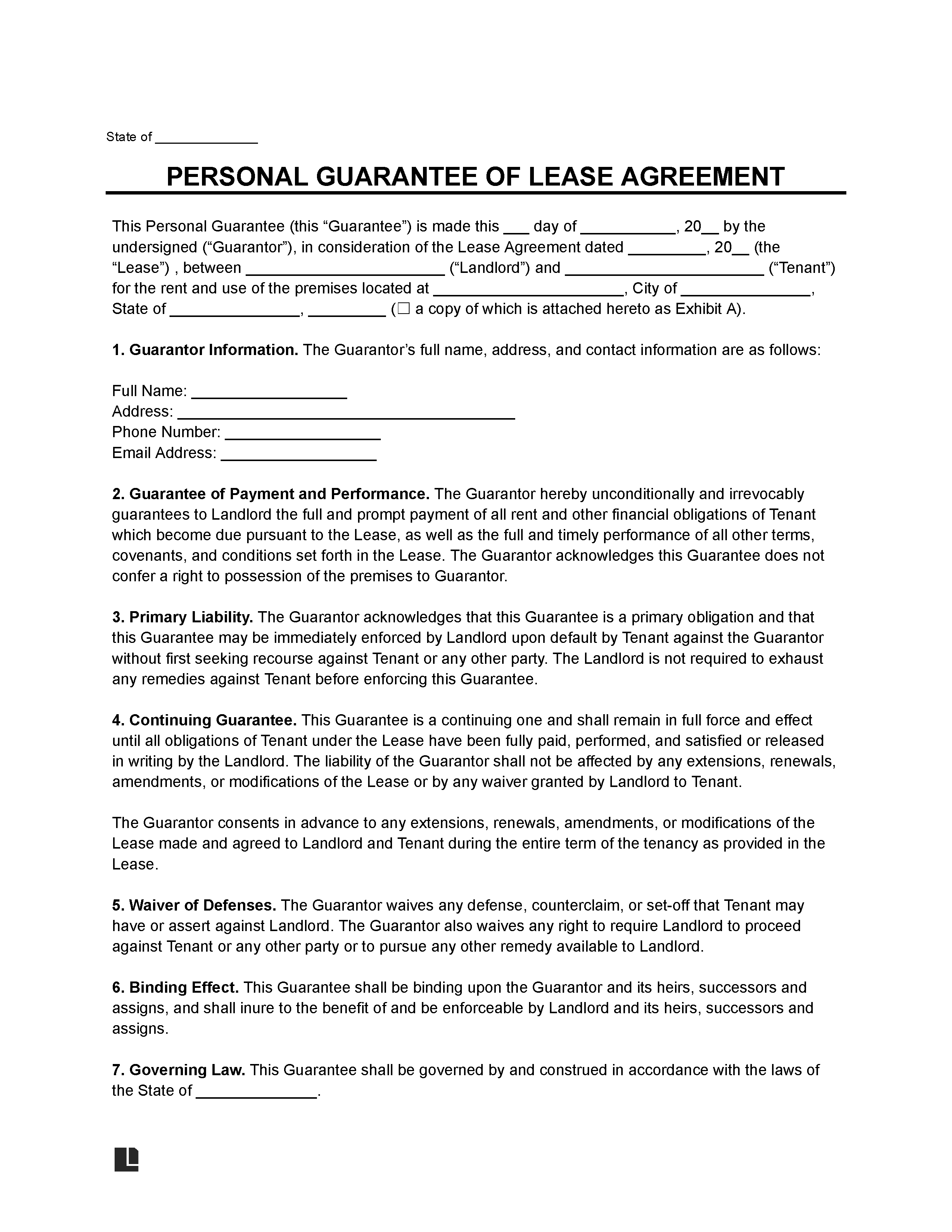 Personal Guarantee for Lease Agreement Template