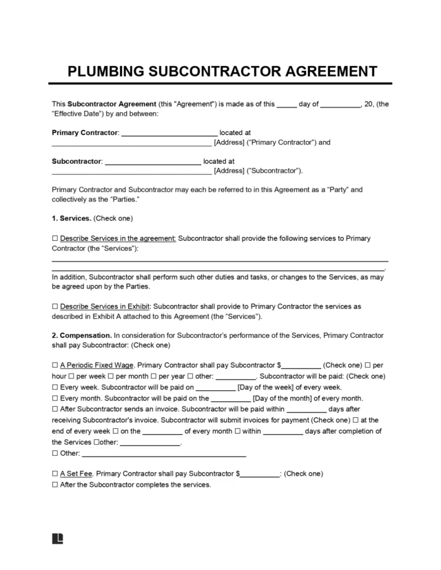 Plumbing Subcontractor Agreement