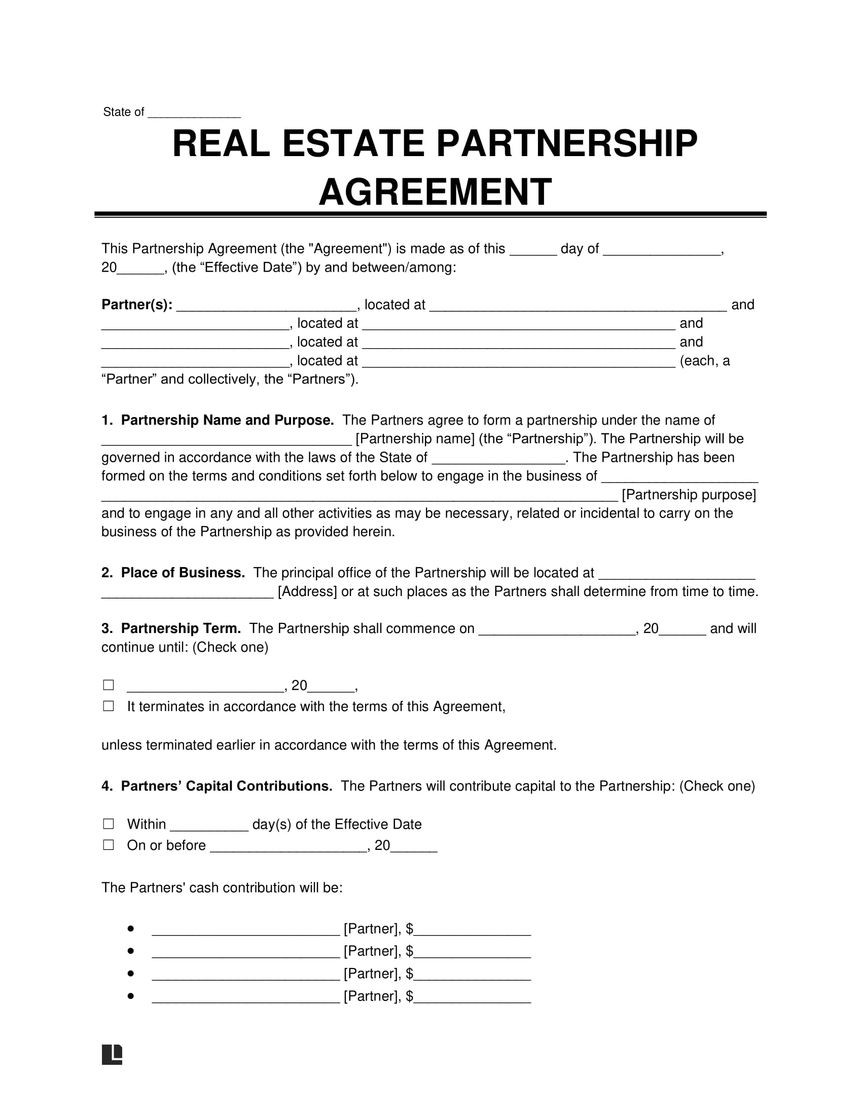 real estate partnership agreement template