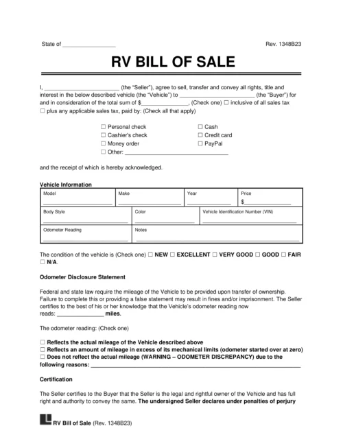 Sample of an RV Bill of Sale used to sell a recreational vehicle or motorhome