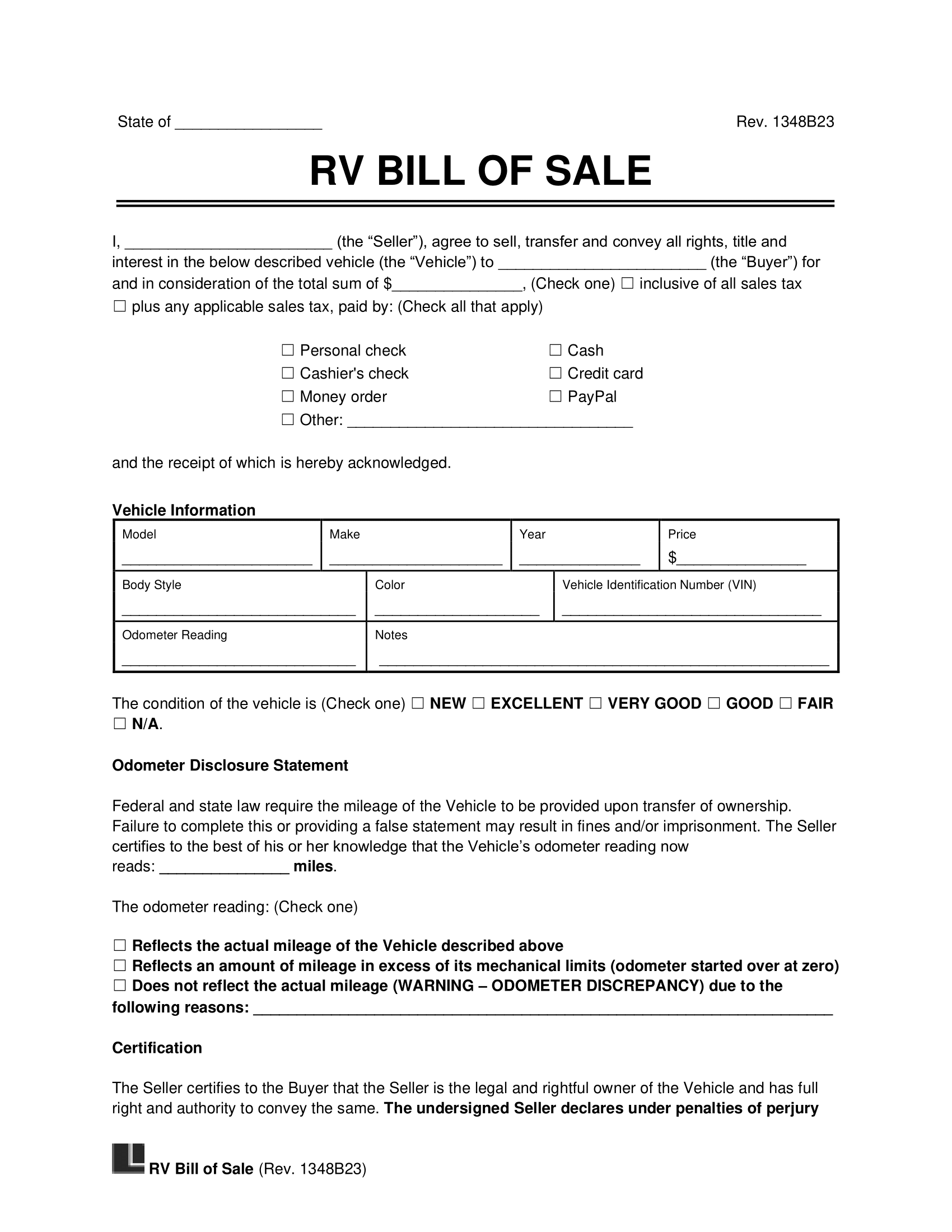 RV Bill of Sale