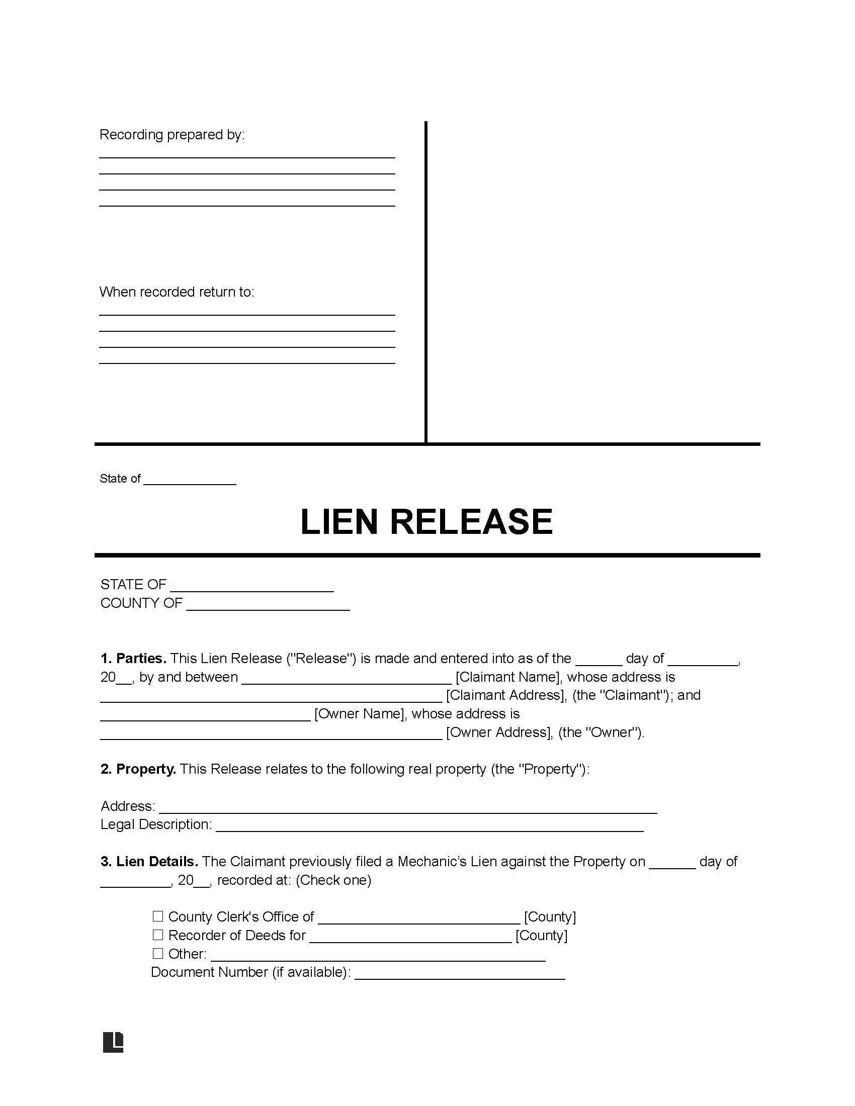 Release of Mechanic's Lien Form