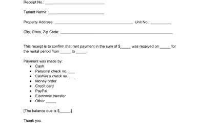 Sample of a rent receipt template for landlords to provide tenants