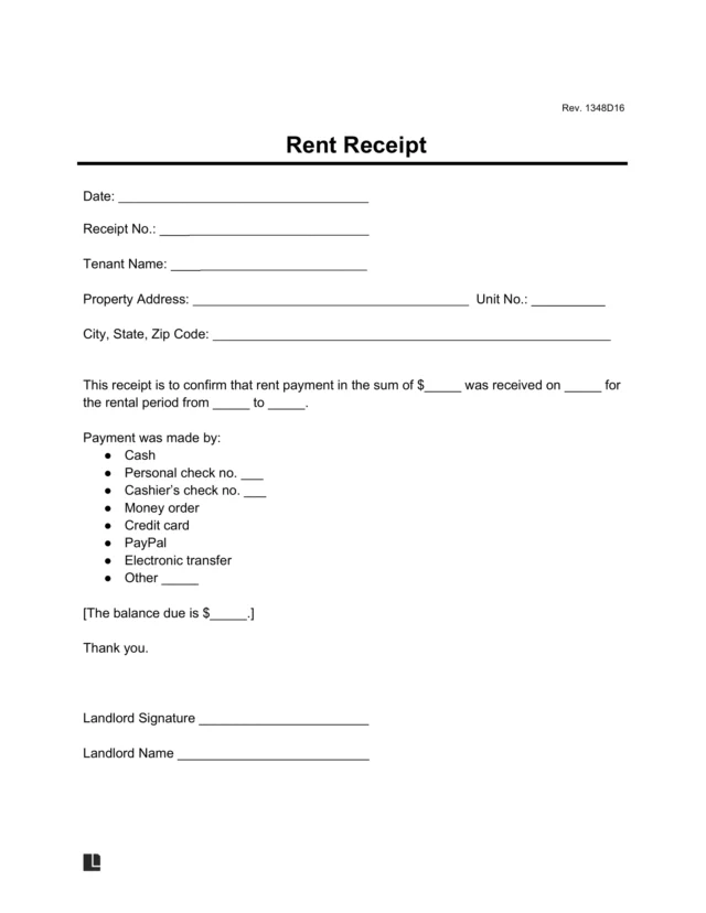 Sample of a rent receipt template for landlords to provide tenants