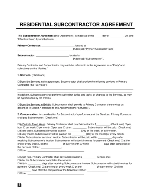 Residential Subcontractor Agreement Template