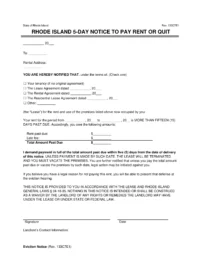 Rhode Island 5-Day Eviction Notice to Quit for Non-Payment of Rent
