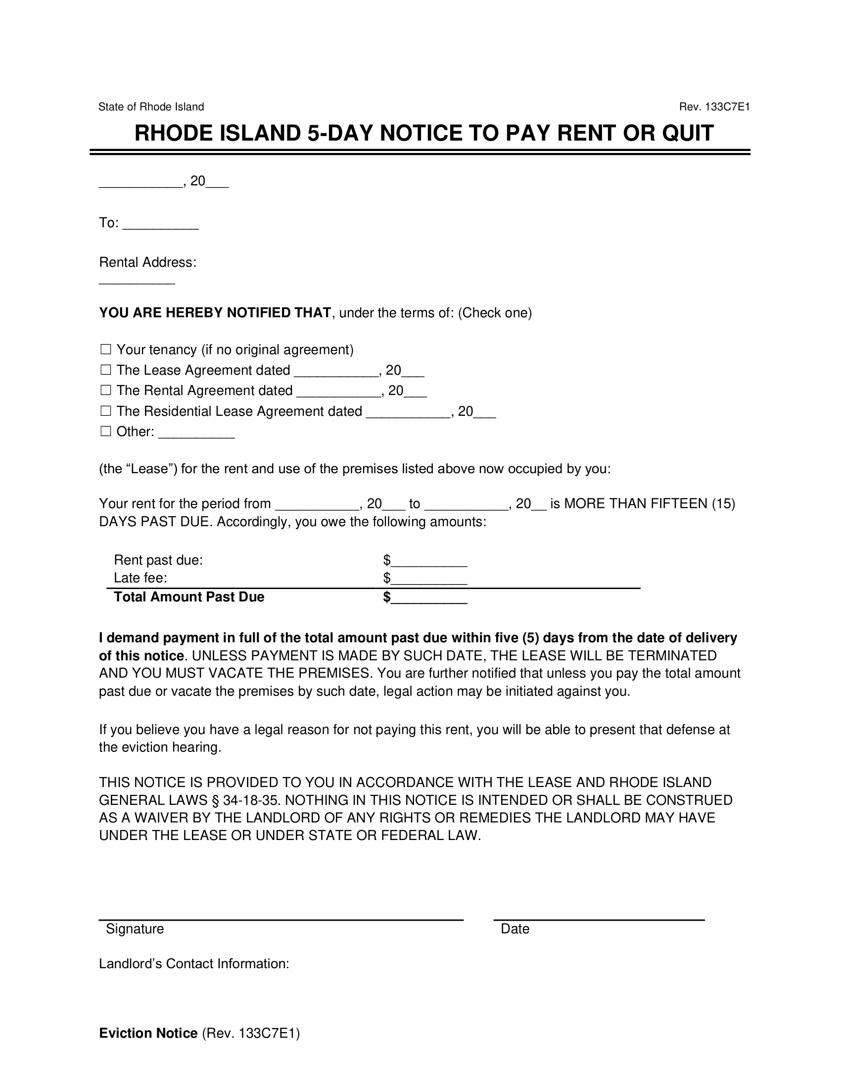 Rhode Island 5-Day Eviction Notice to Quit for Non-Payment of Rent