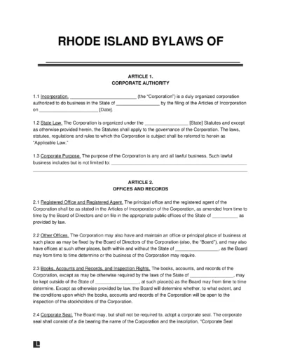 Rhode Island Corporate Bylaws Template