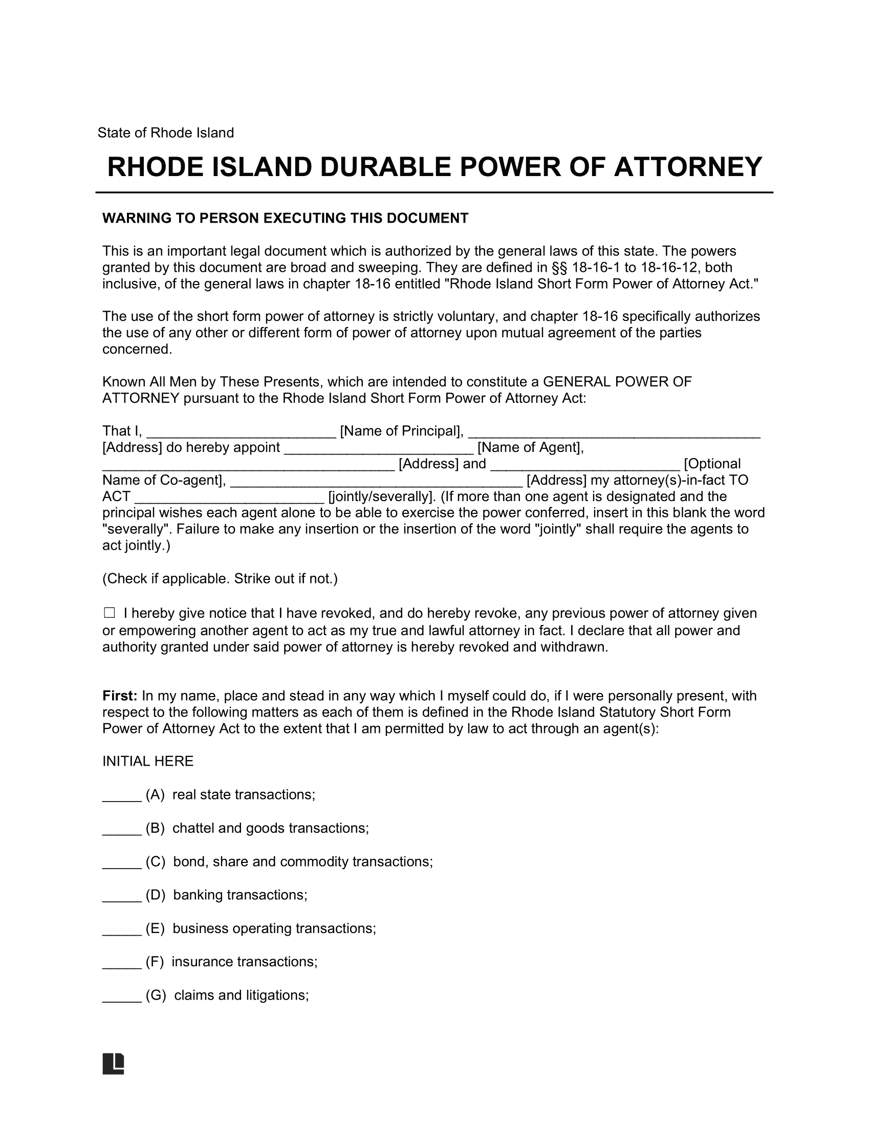 Rhode Island Durable Statutory Power of Attorney Form