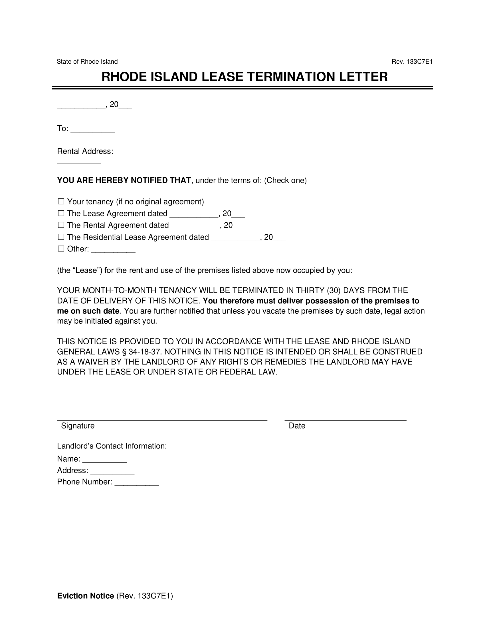 Rhode Island Lease Termination Letter Template