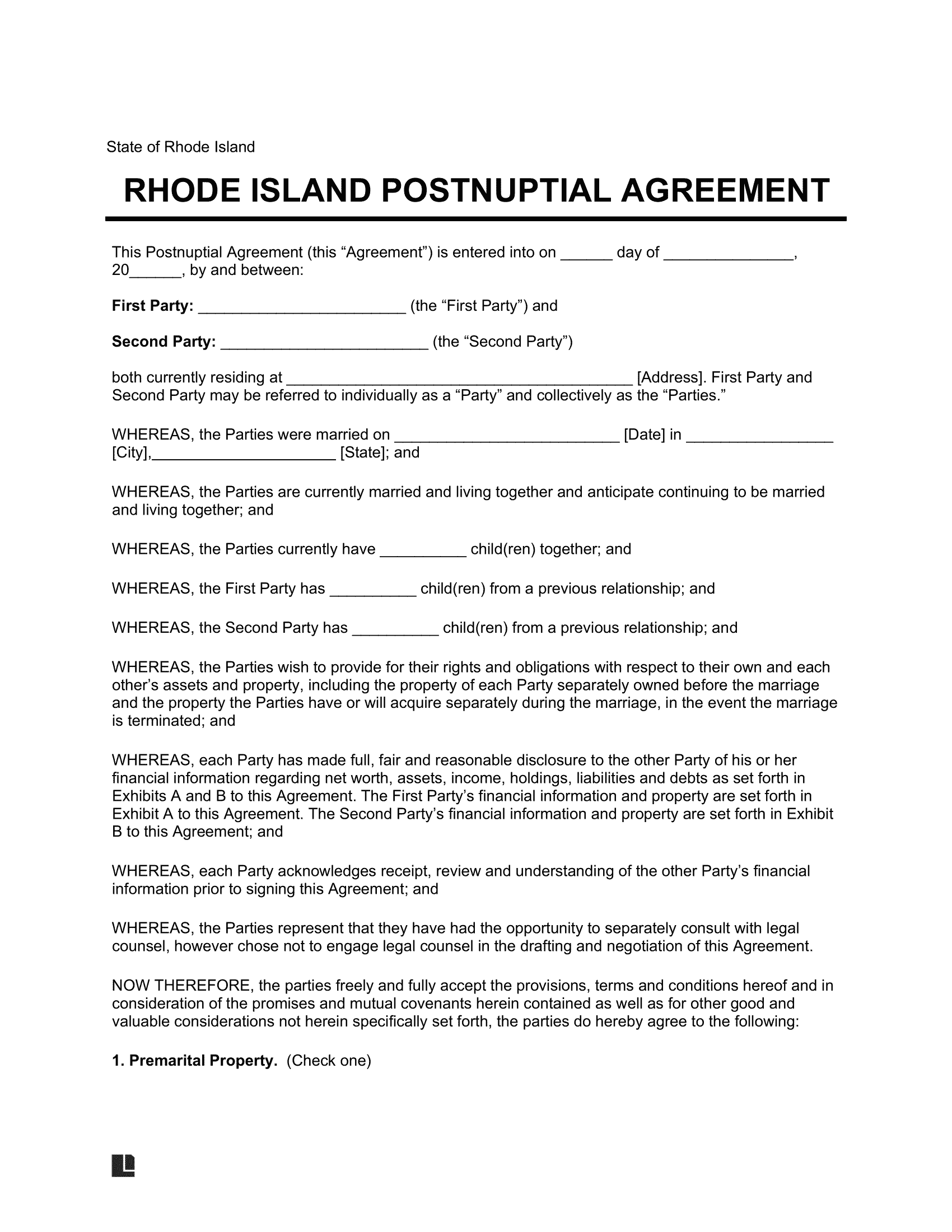 Rhode Island Postnuptial Agreement Template