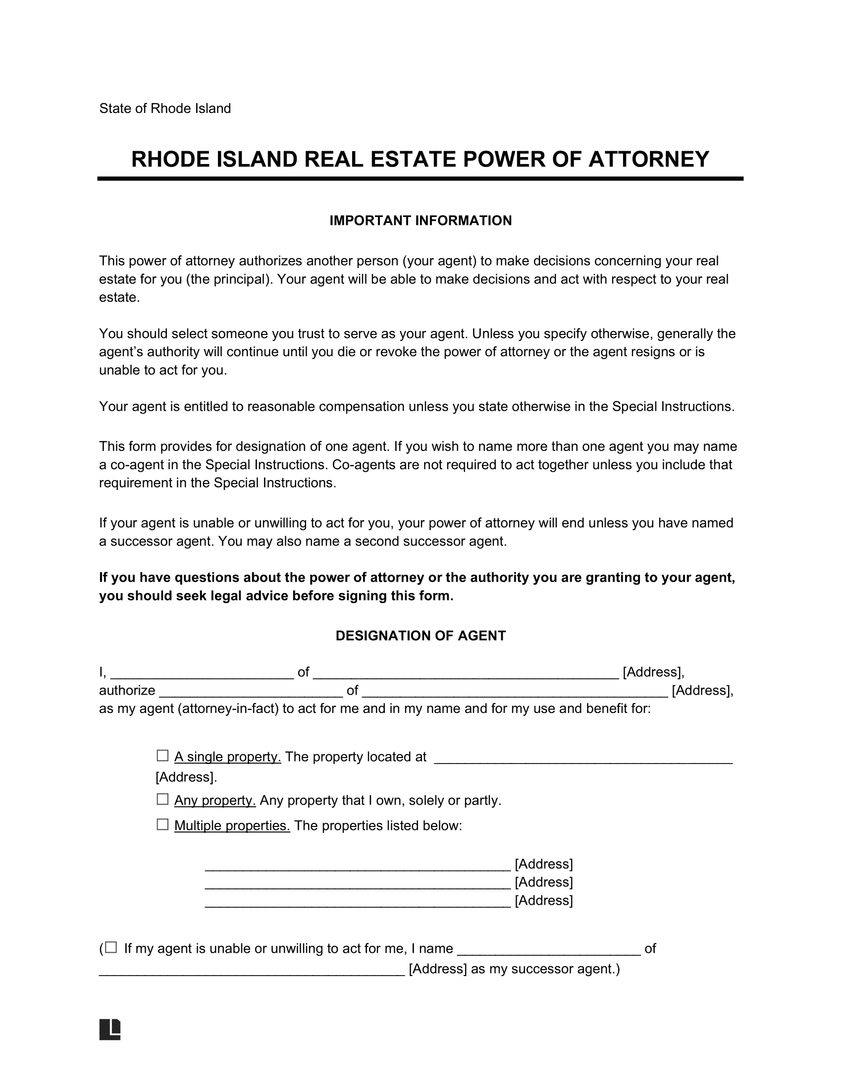 Rhode Island Real Estate Power of Attorney Form