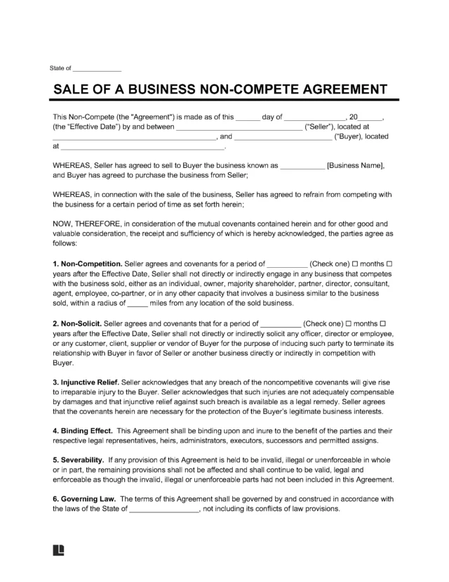 Sale of a Business Non-Compete Agreement