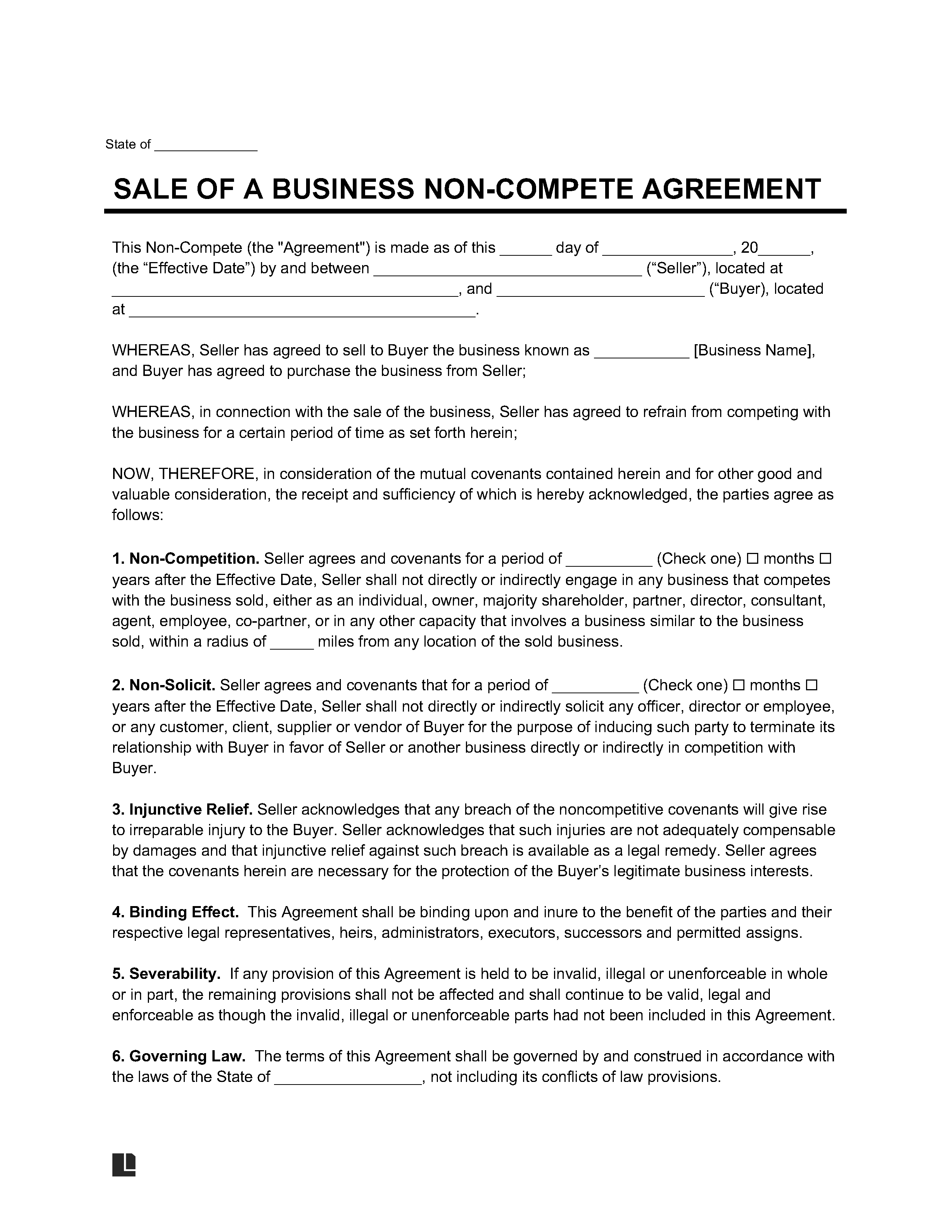 Sale of a Business Non-Compete Agreement