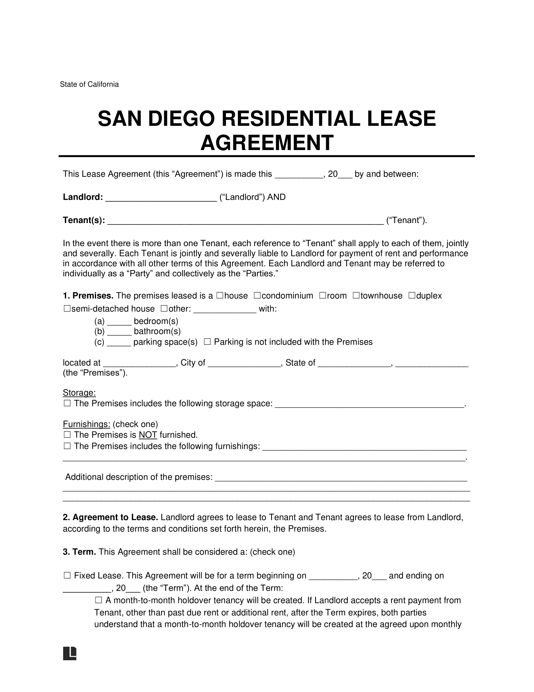 San Diego Residential Lease Agreement Template