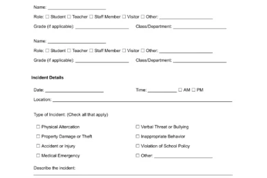 Sample of a school incident report template used to report bullying, injuries, behavioral issues or safety concerns
