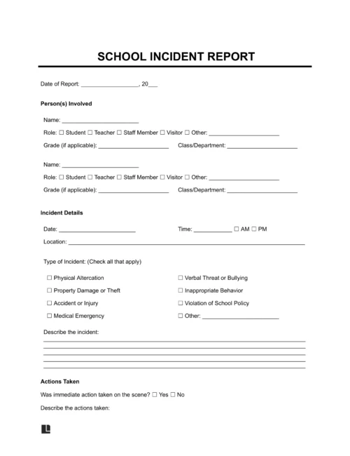Sample of a school incident report template used to report bullying, injuries, behavioral issues or safety concerns