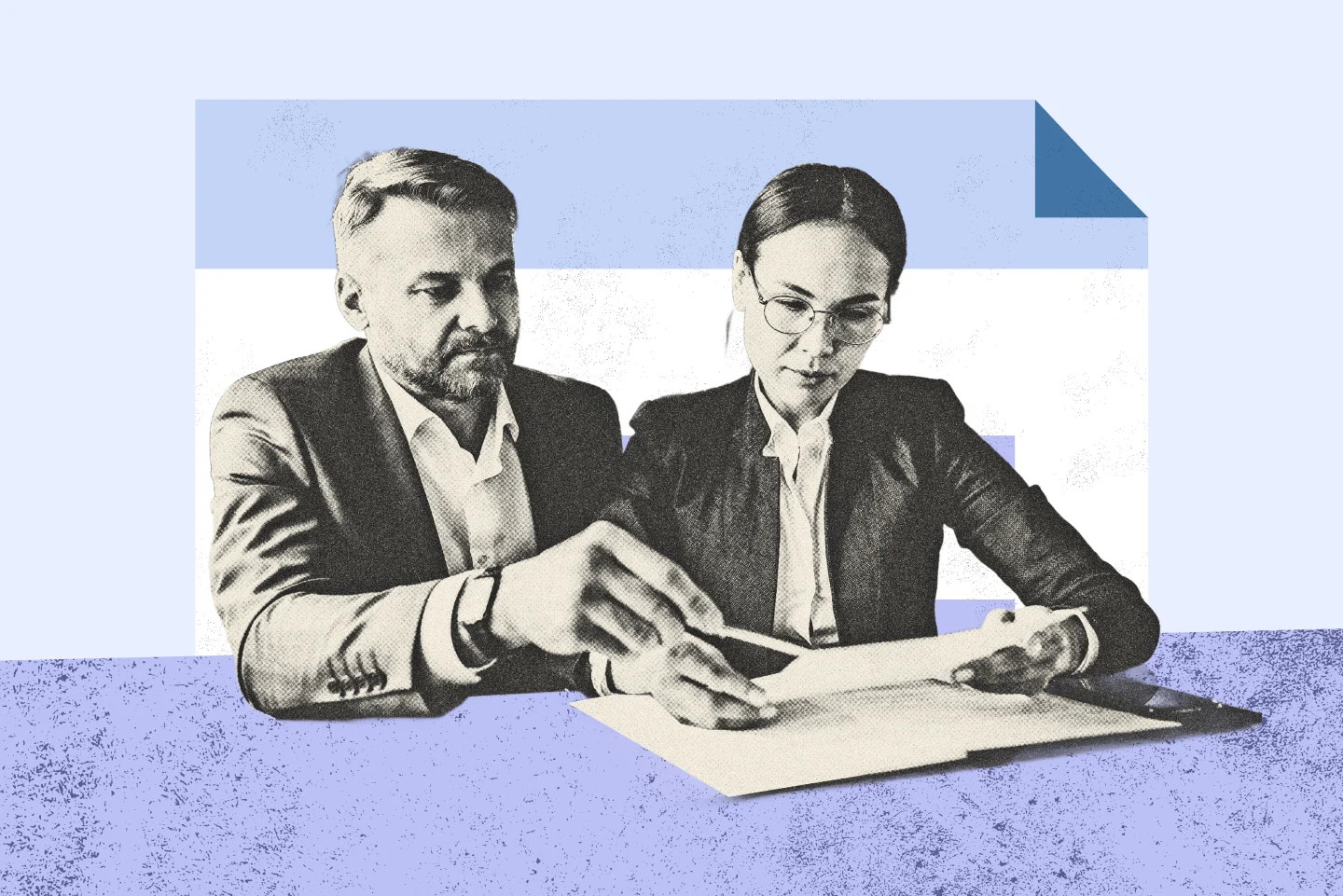 Two people in business attire reviewing and signing documents.