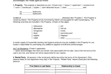 Vacation Rental Short Term Lease Agreement Template