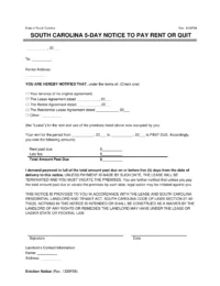 South Carolina 5-Day Eviction Notice to Quit (Non-Payment of Rent)