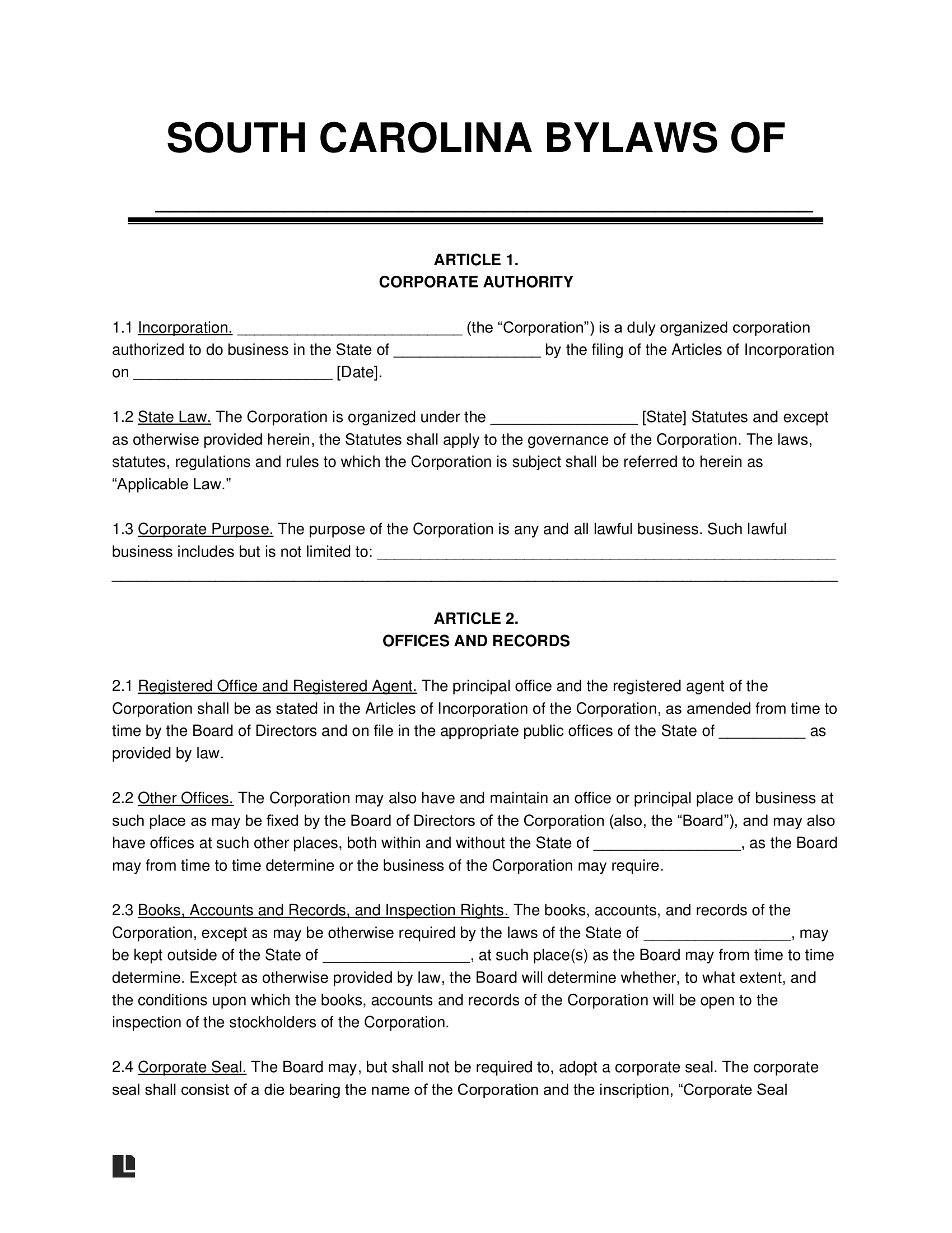 South Carolina Corporate Bylaws Template