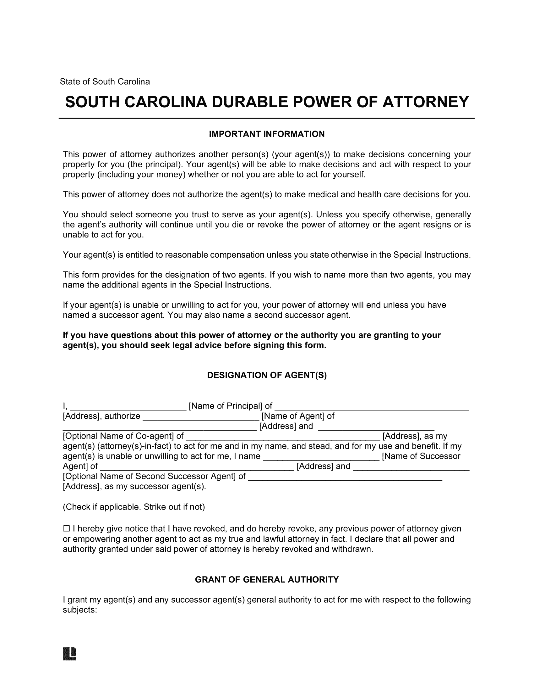 South Carolina Durable Power of Attorney Form