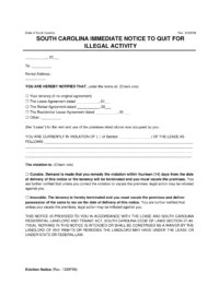 South Carolina Immediate Notice to Quit for Illegal Activity