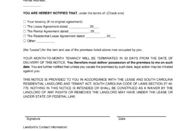 South Carolina Lease Termination Letter Template
