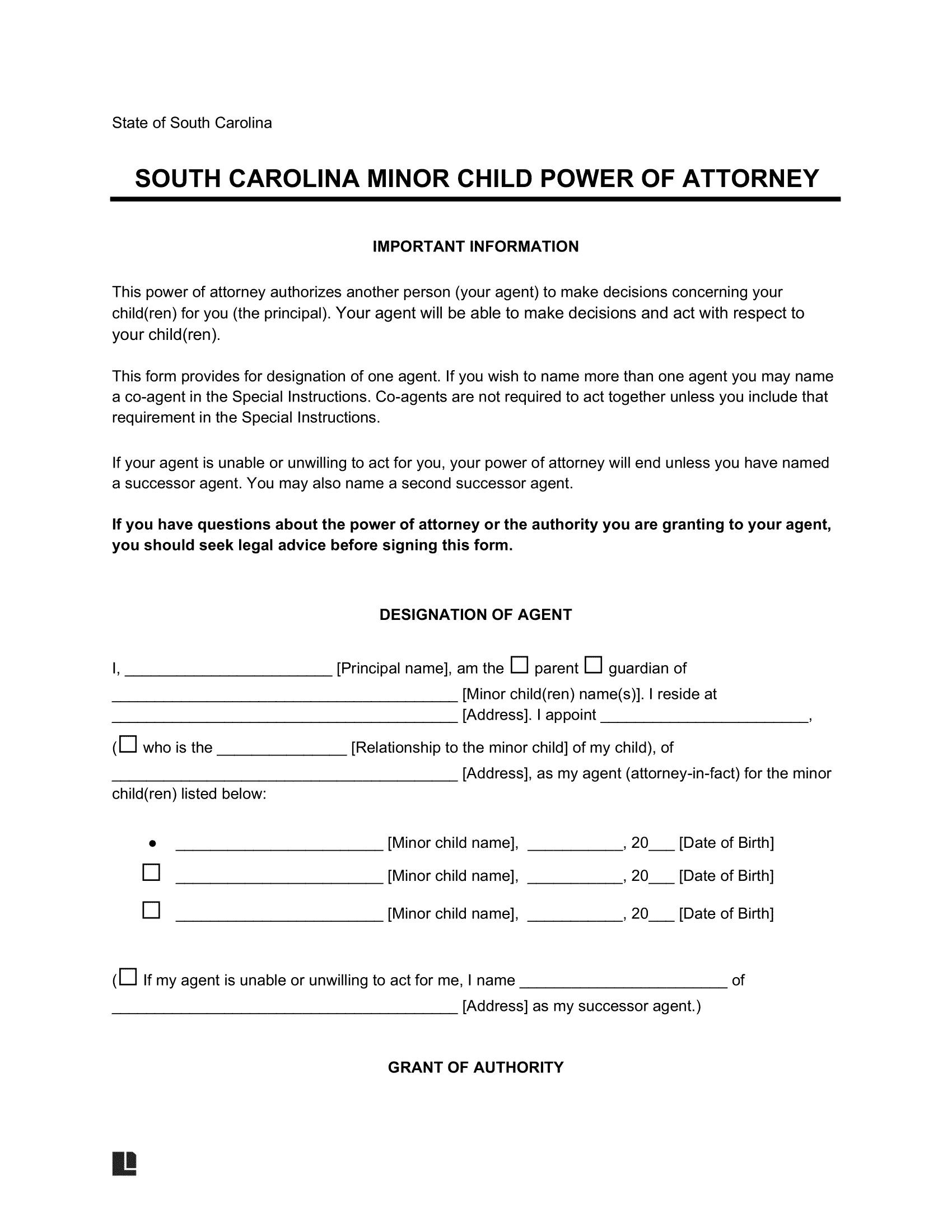 South Carolina Minor Child Power of Attorney Form