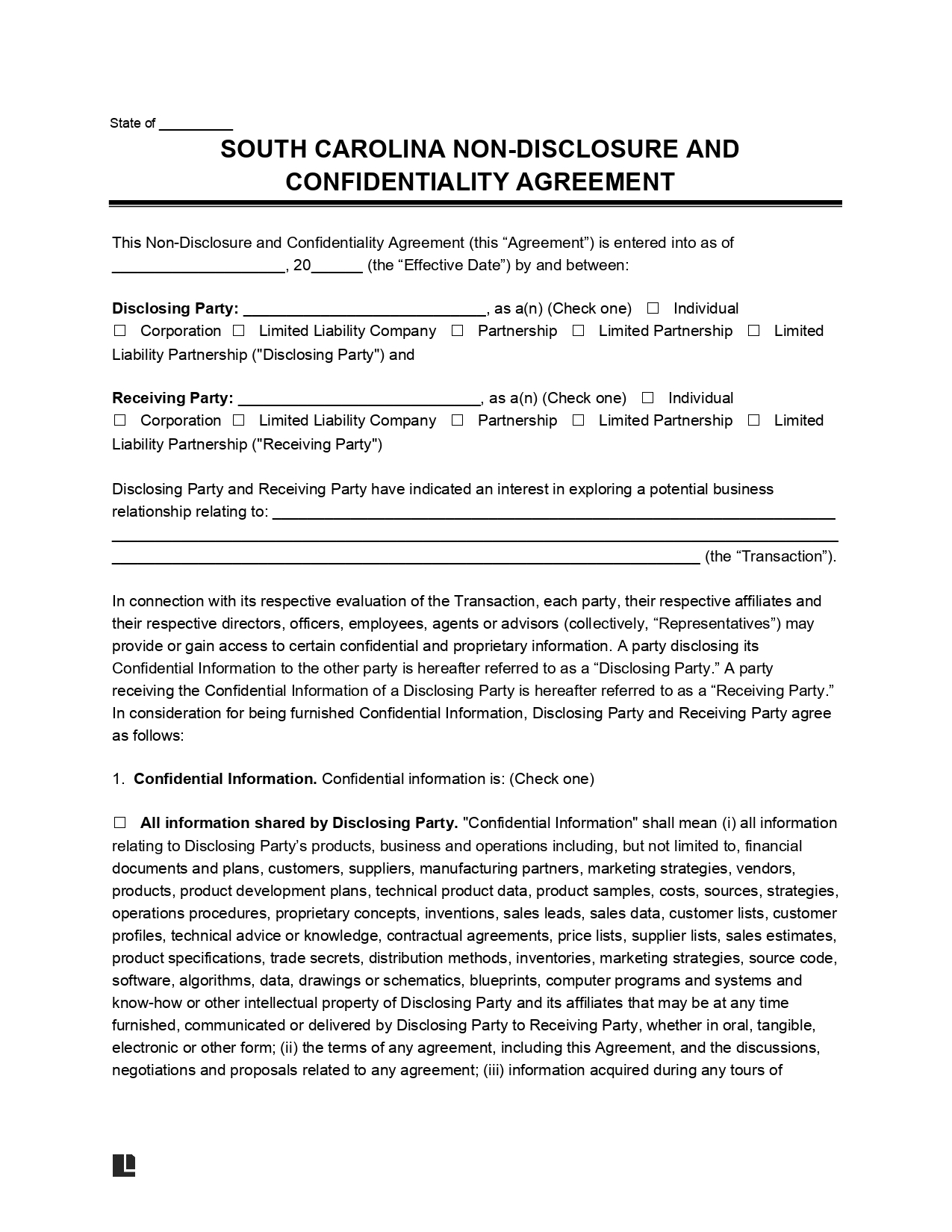 South Carolina Non-Disclosure Agreement Template