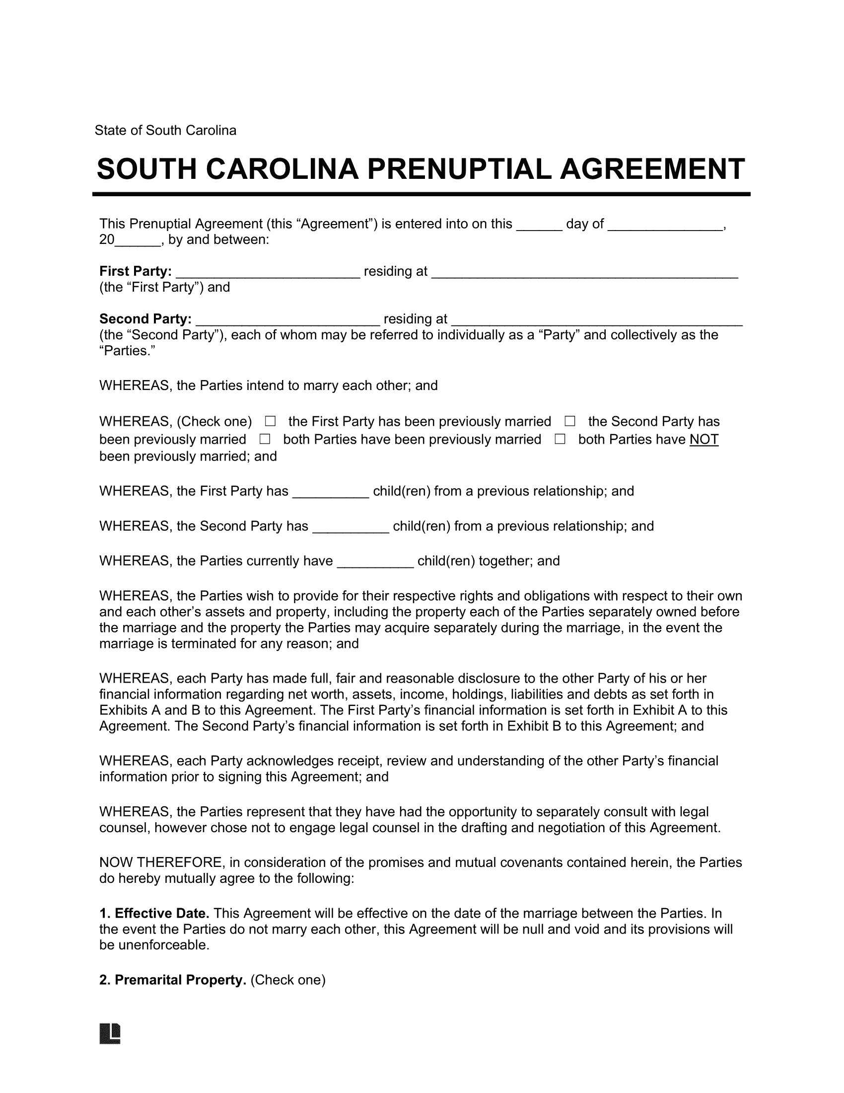 South Carolina Prenuptial Agreement Template