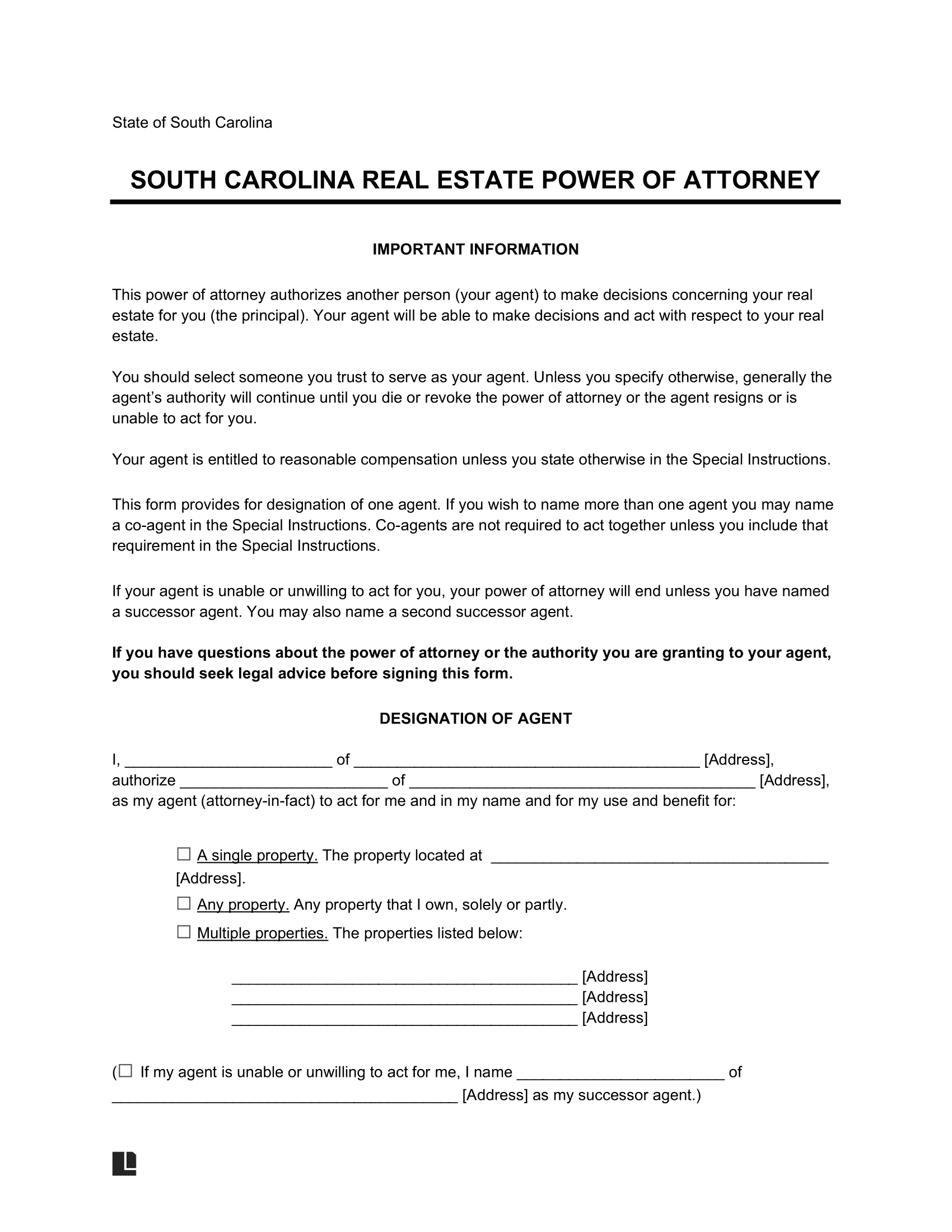 South Carolina Real Estate Power of Attorney Form