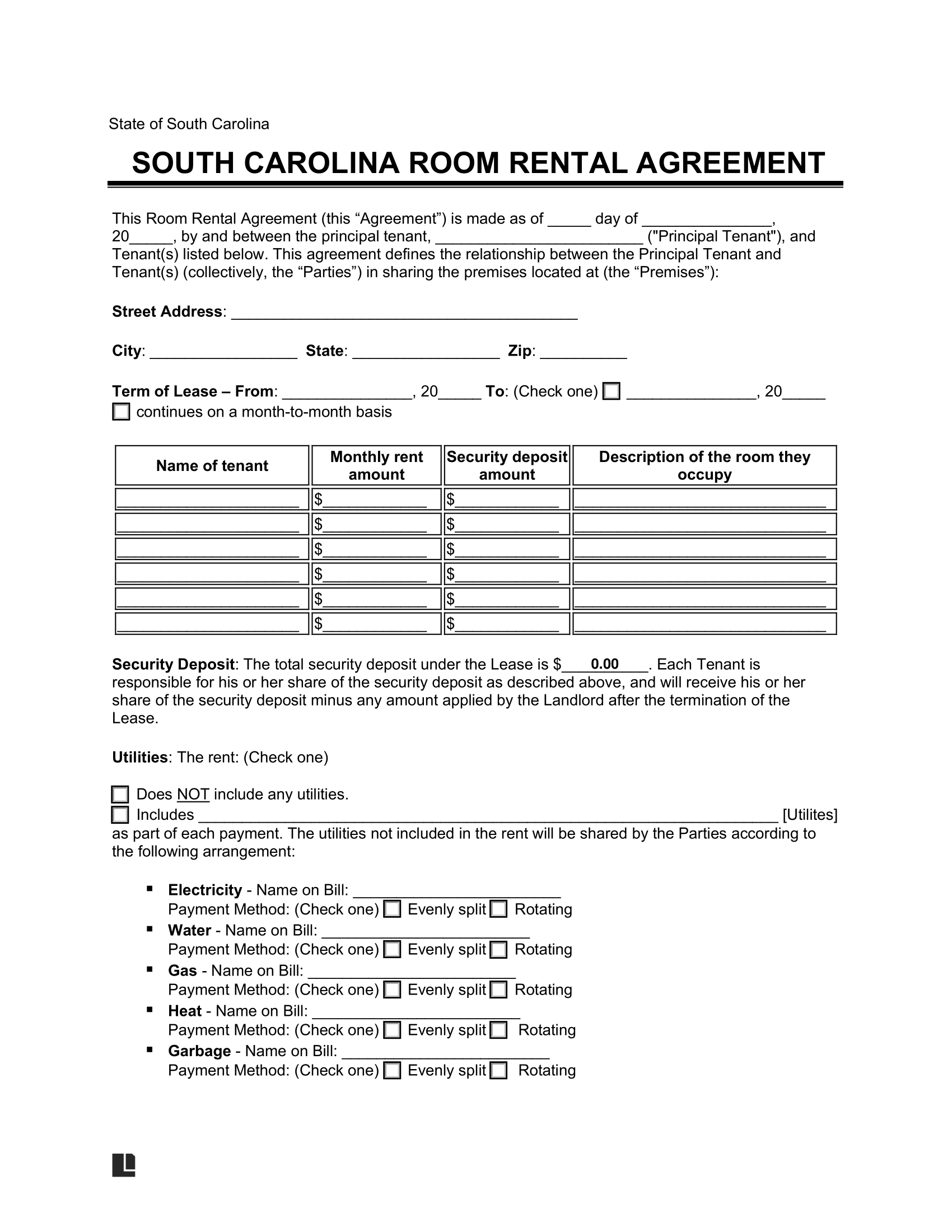 South Carolina Room Rental Agreement