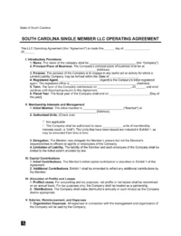 South Carolina Single Member LLC Operating Agreement Form