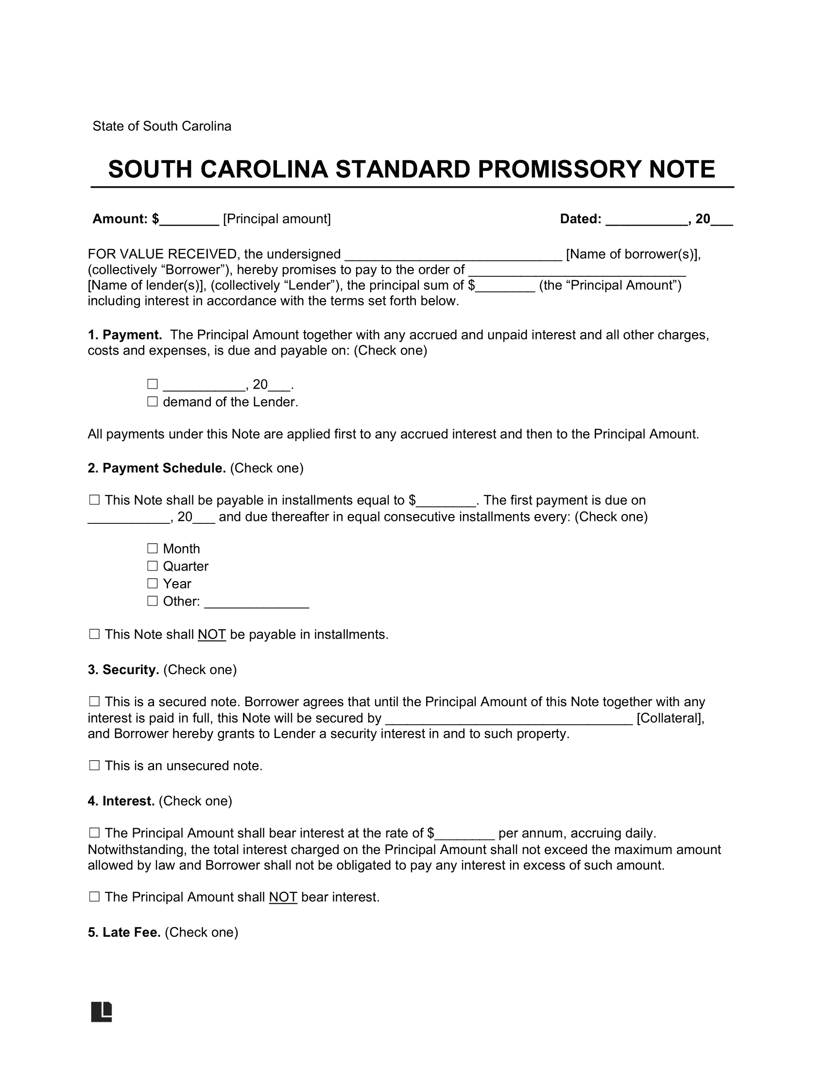 South Carolina Standard Promissory Note Template