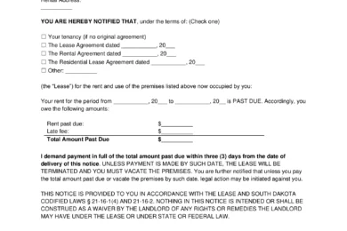 South Dakota 3-Day Eviction Notice to Quit (Non-Payment of Rent)