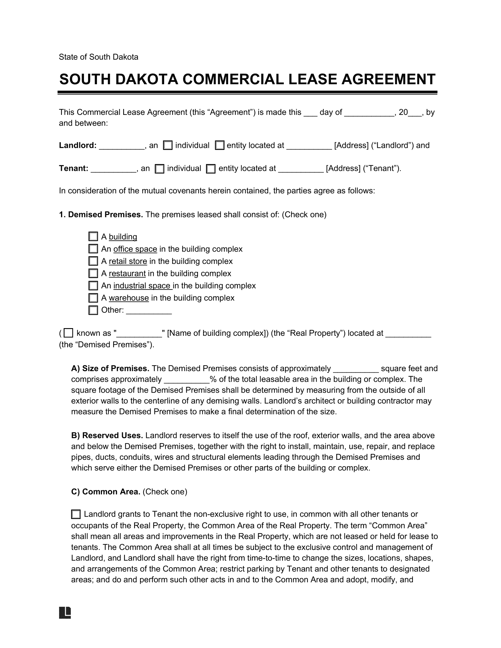 South-Dakota Commercial Lease Agreement