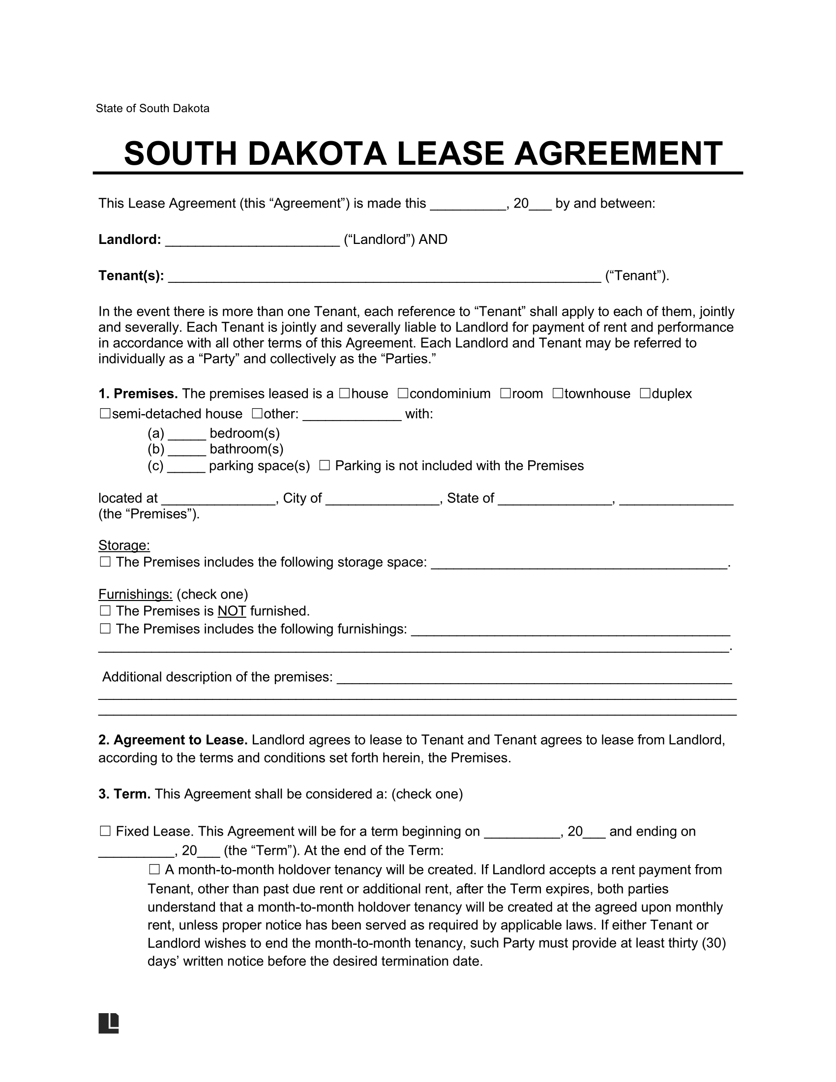 South Dakota Lease Agreement Template