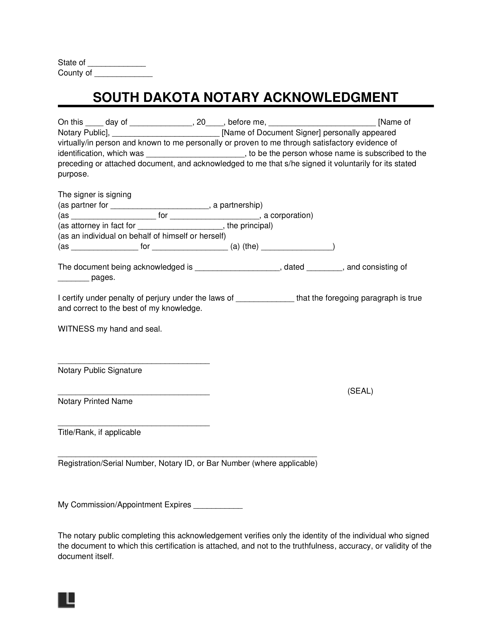 South Dakota Notary Acknowledgment Form